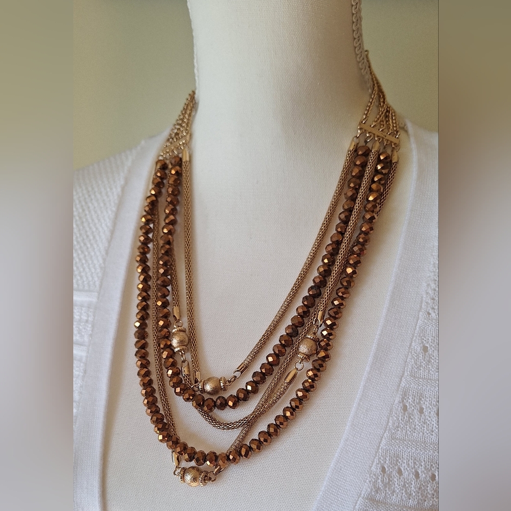 Nice 5-Strand Fashion Necklace Goldtone & Copper Faceted Beads Mesh Tube LOOK!